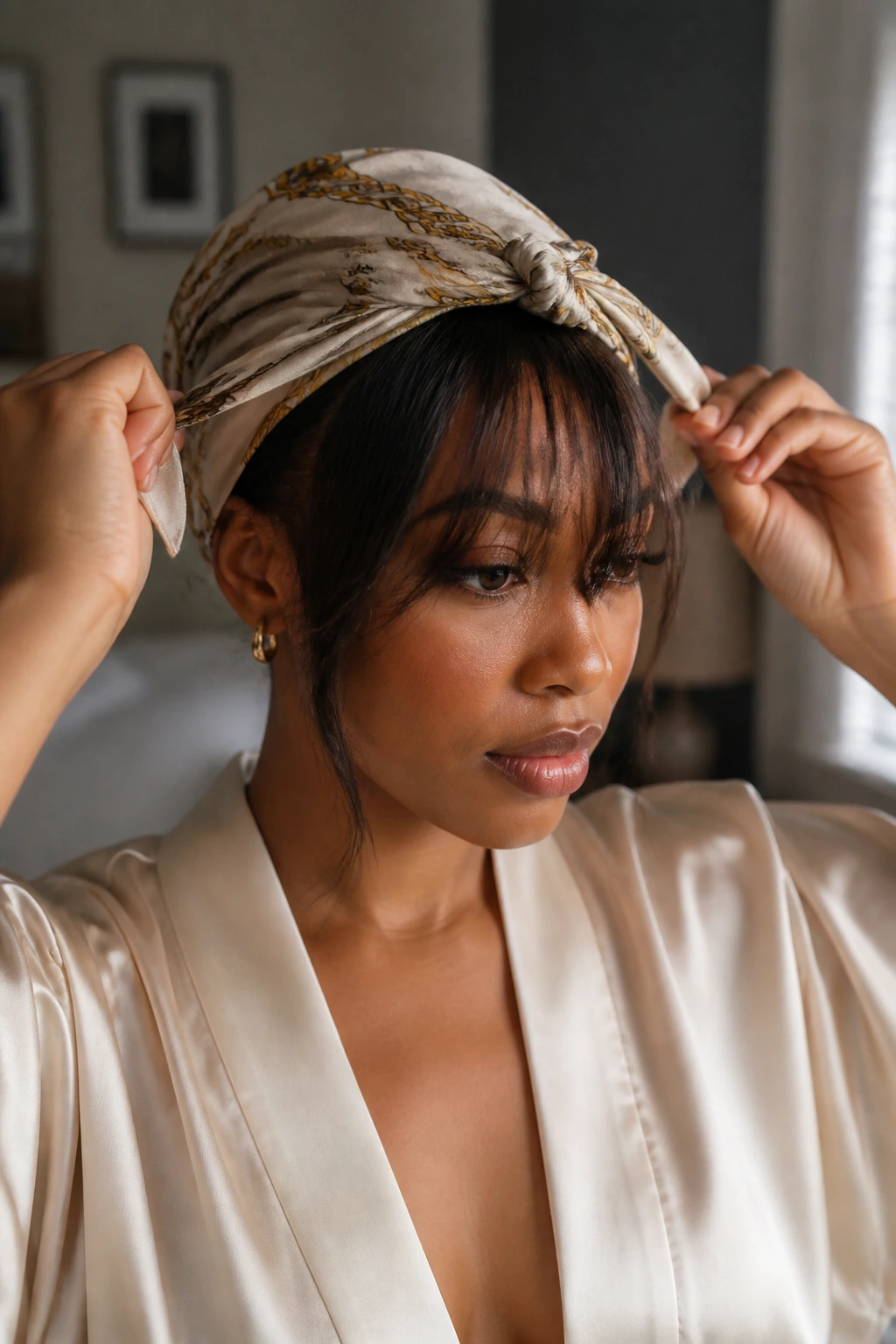 Black woman wrapping satin scarf around bangs for a nighttime refresh.