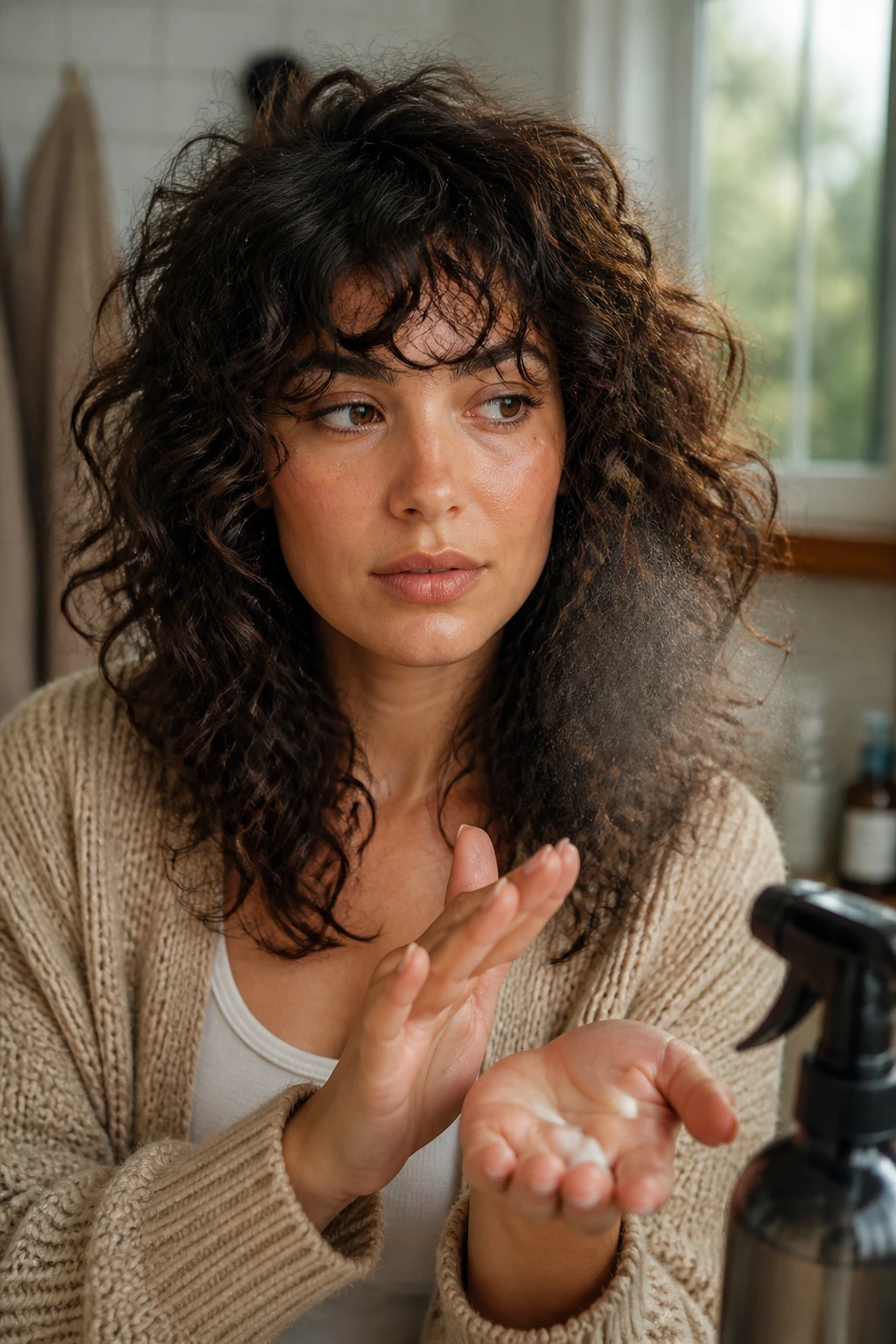 Close-up of a real woman refreshing curls with styling product