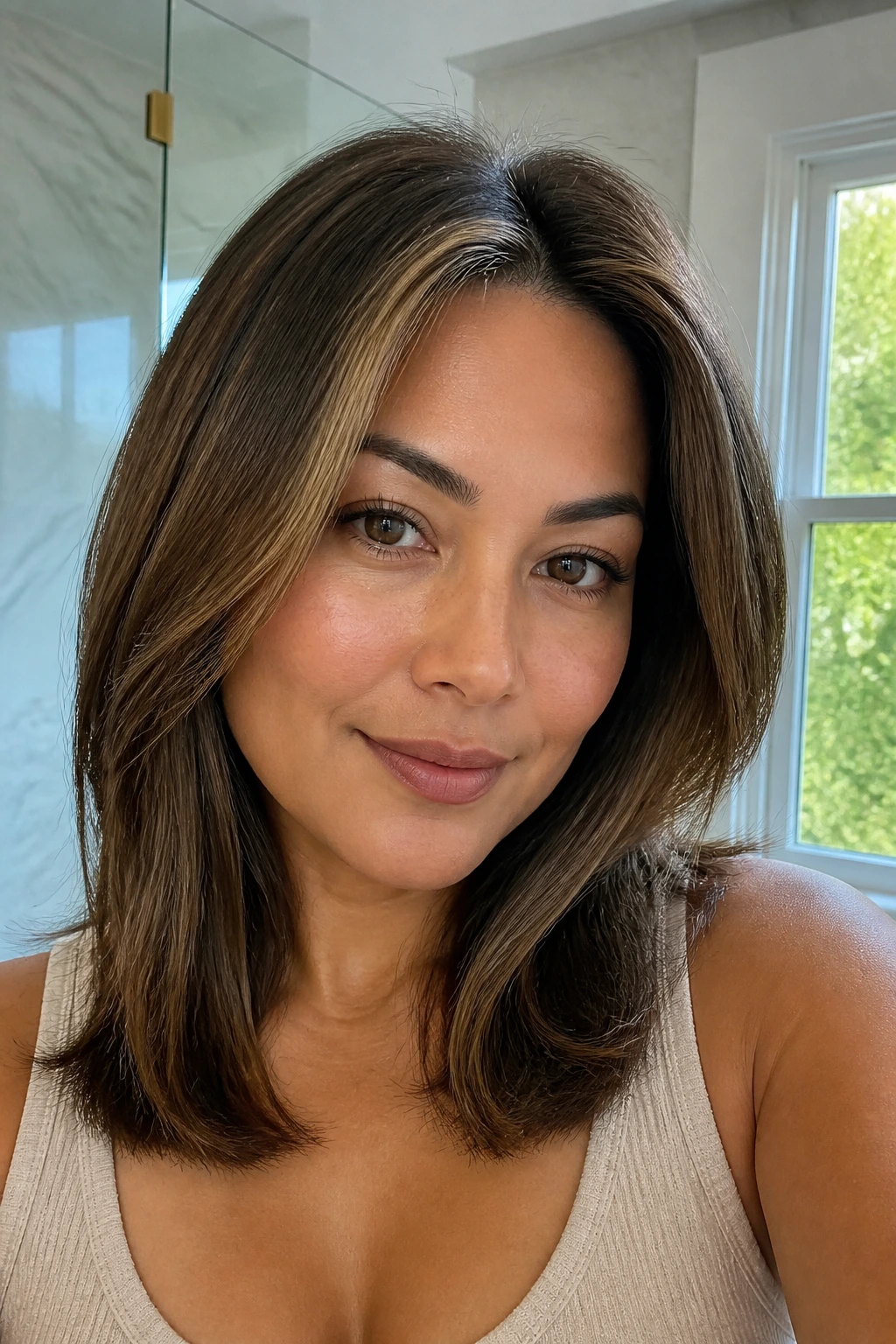 Close-up of a woman with subtle root regrowth and glossy mid-length color by a window