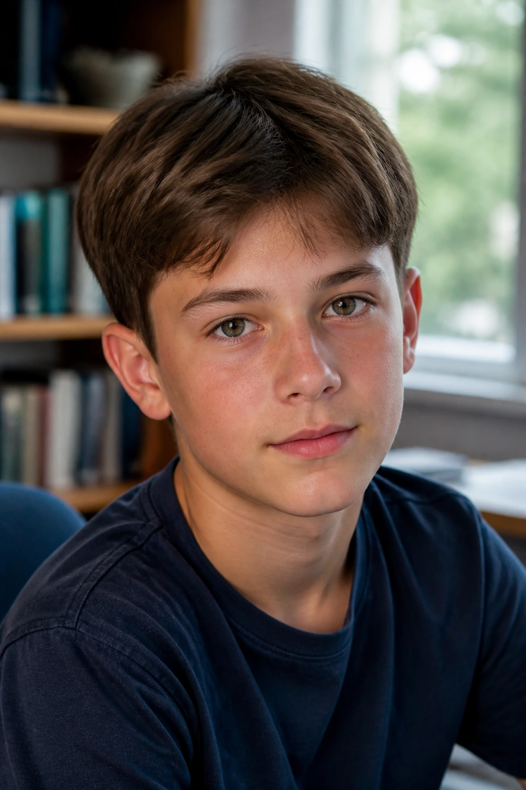 Close-up of a real boy with a regular cut and natural part in a cozy study area.