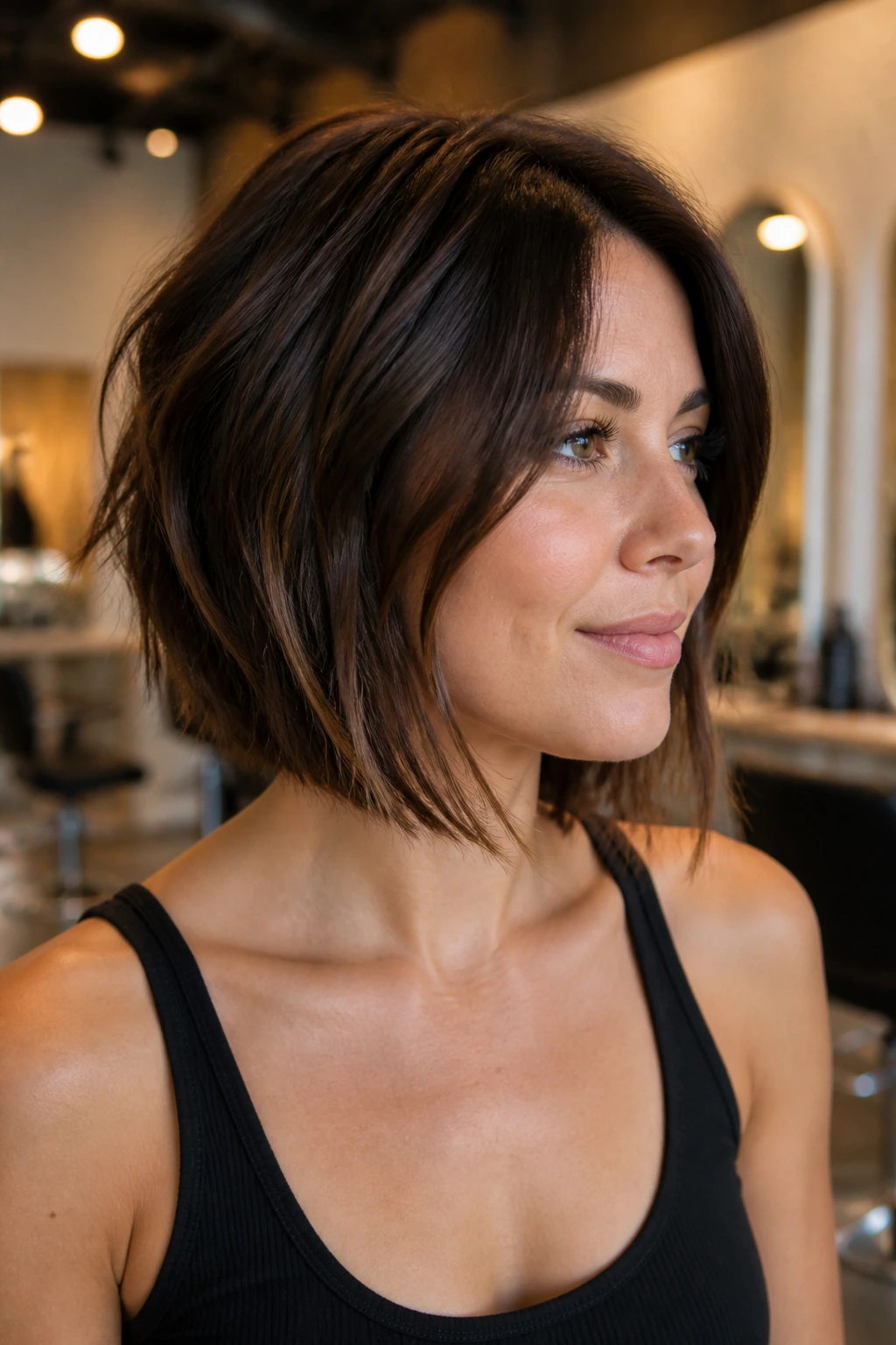 Regular shaping close-up of a real woman with a crisp choppy lob.