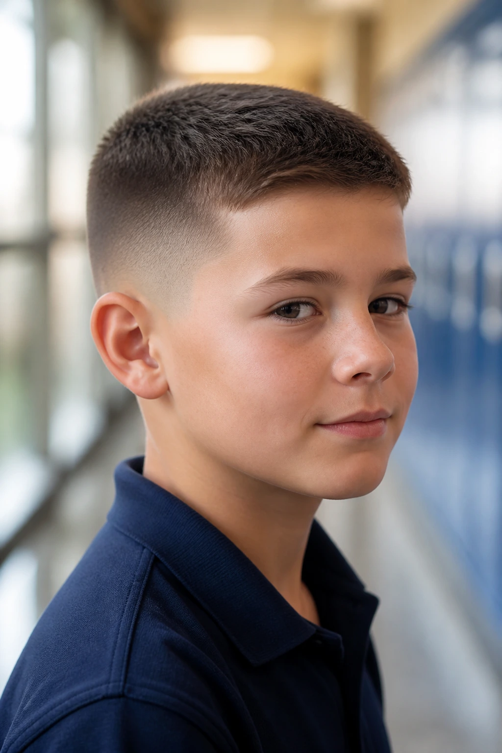 Close-up portrait of a boy with a regulation cut and taper fade