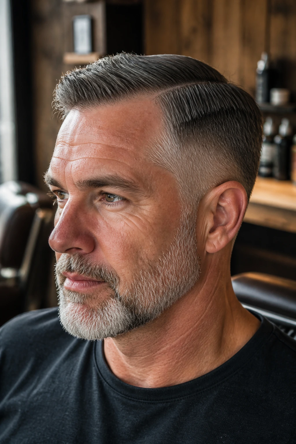 Close-up portrait of a man with regulation cut and tapered sides in a warm barbershop setting