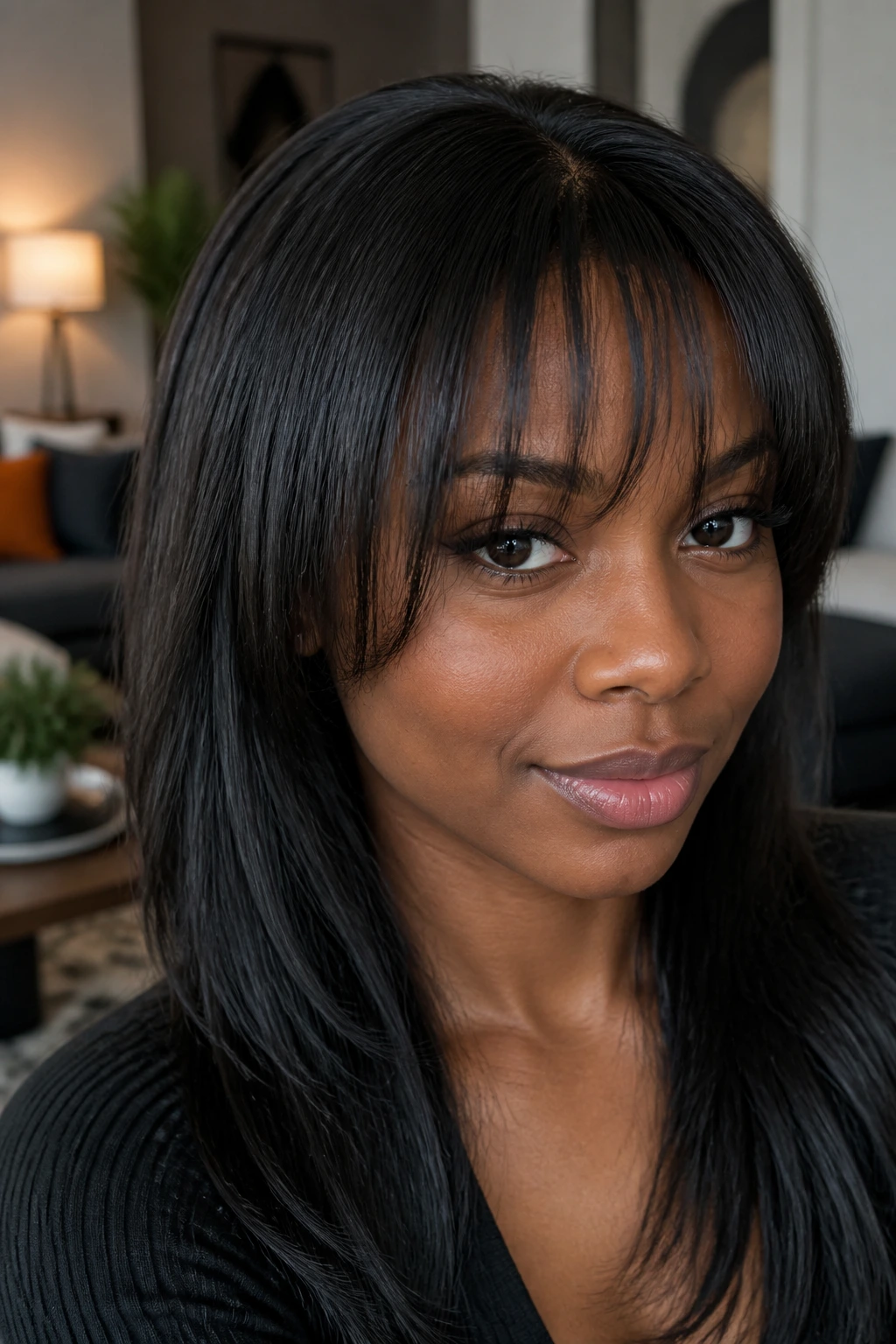 Close up of a real Black woman with relaxed hair and feathered brow bangs