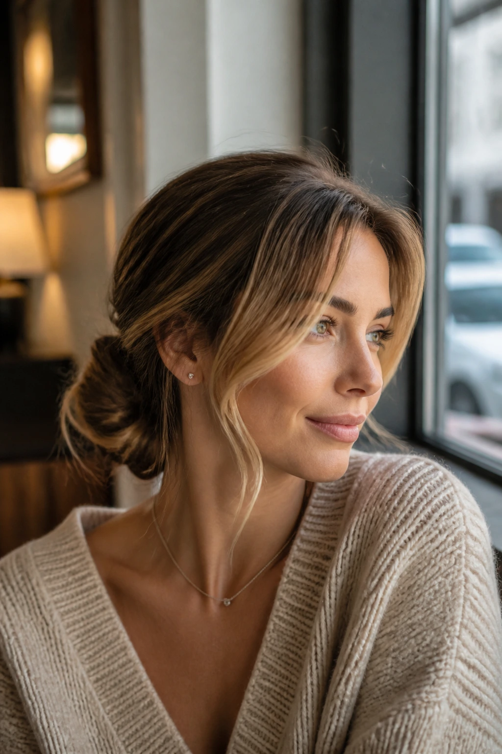 Close-up of a relaxed low knot with wisps framing the face