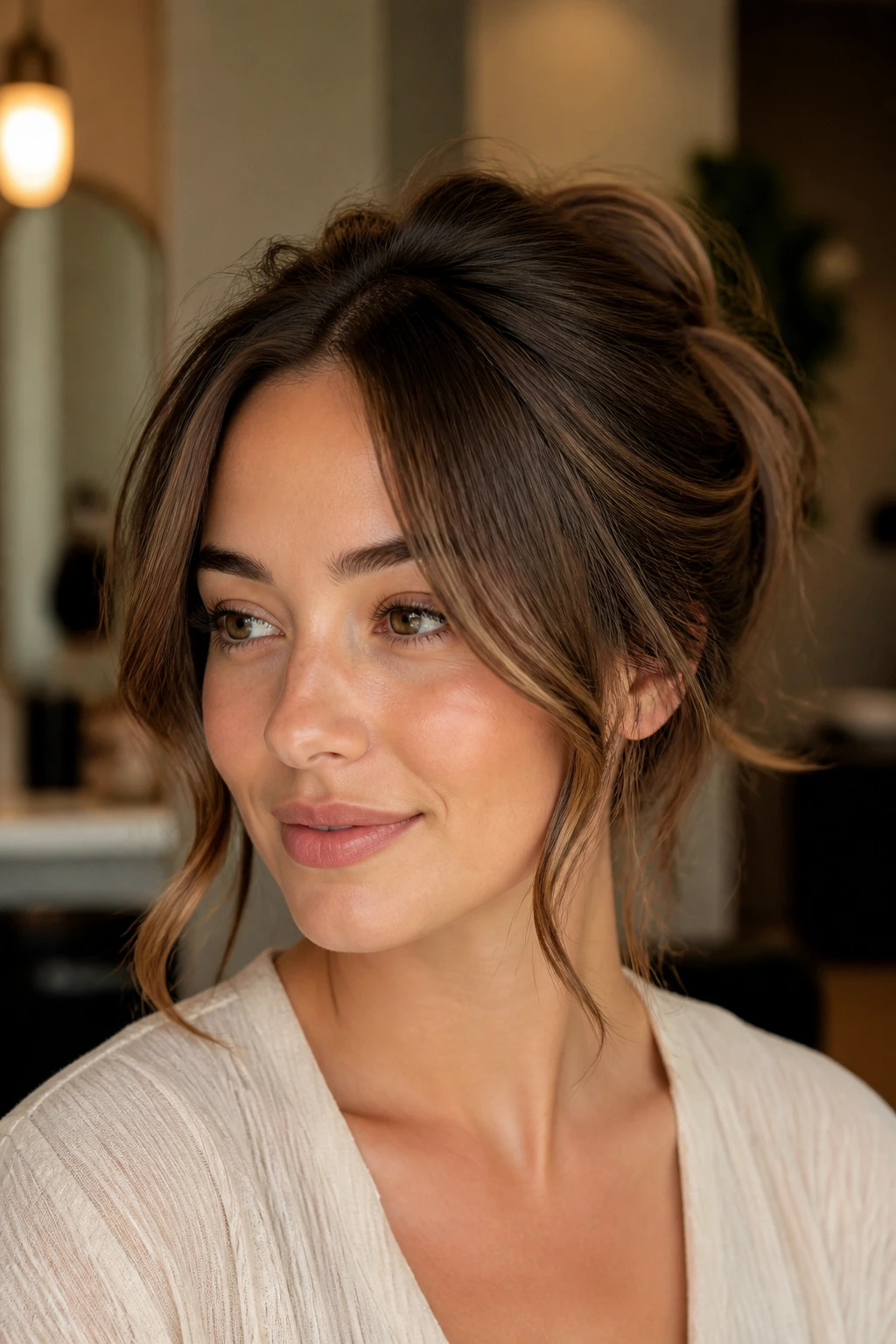 Close-up of a woman with a relaxed updo and face-framing strands