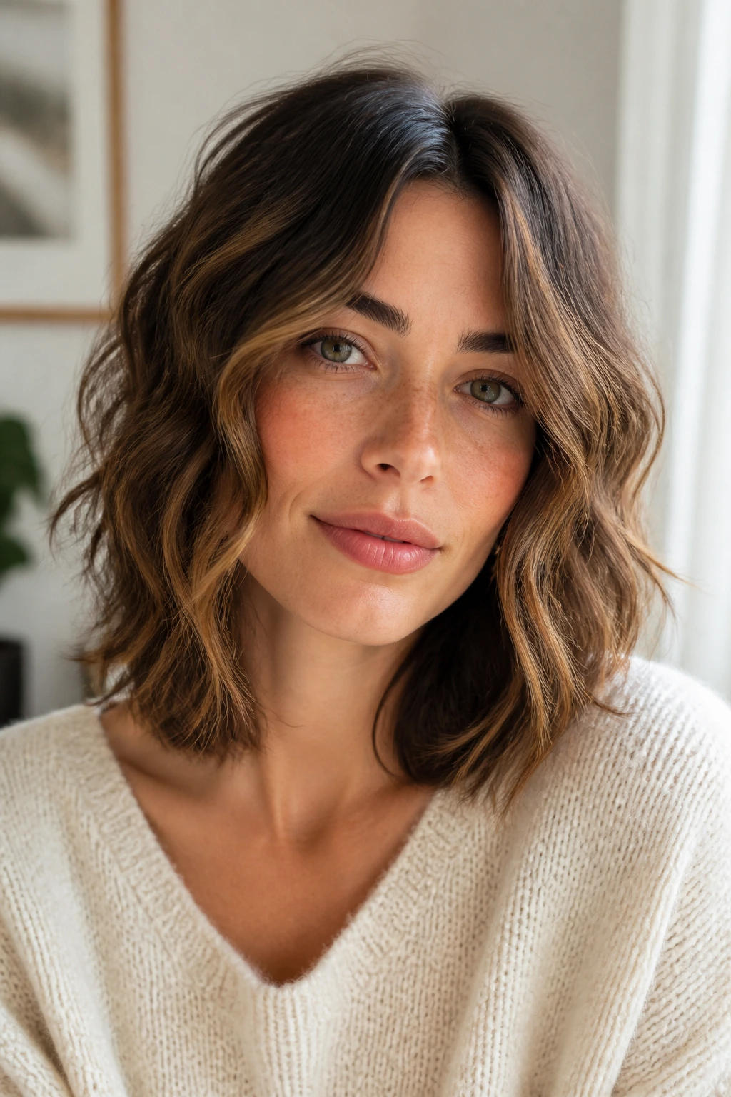 Close-up of a real woman with collarbone-length lob and face-framing waves