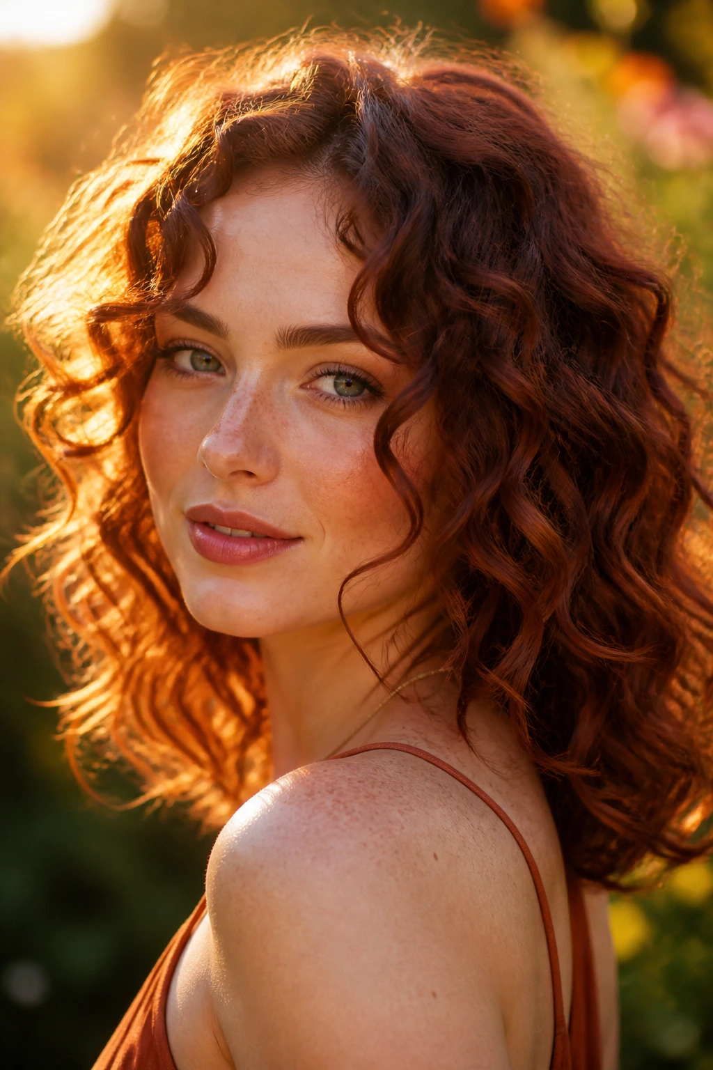 Portrait of a real woman with a warm auburn shade during golden hour outdoors.