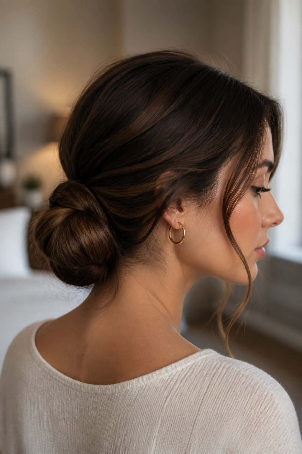 Close-up of a real woman wearing a polished low chignon