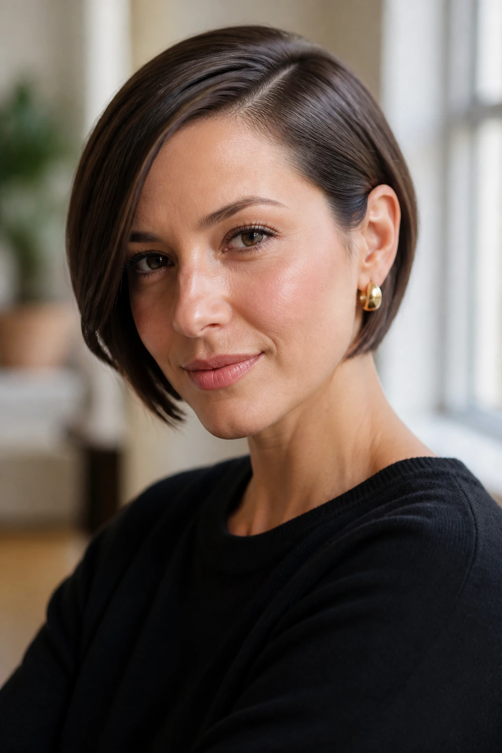 Portrait of a woman with a sleek rescue hairstyle and side-part in natural light.
