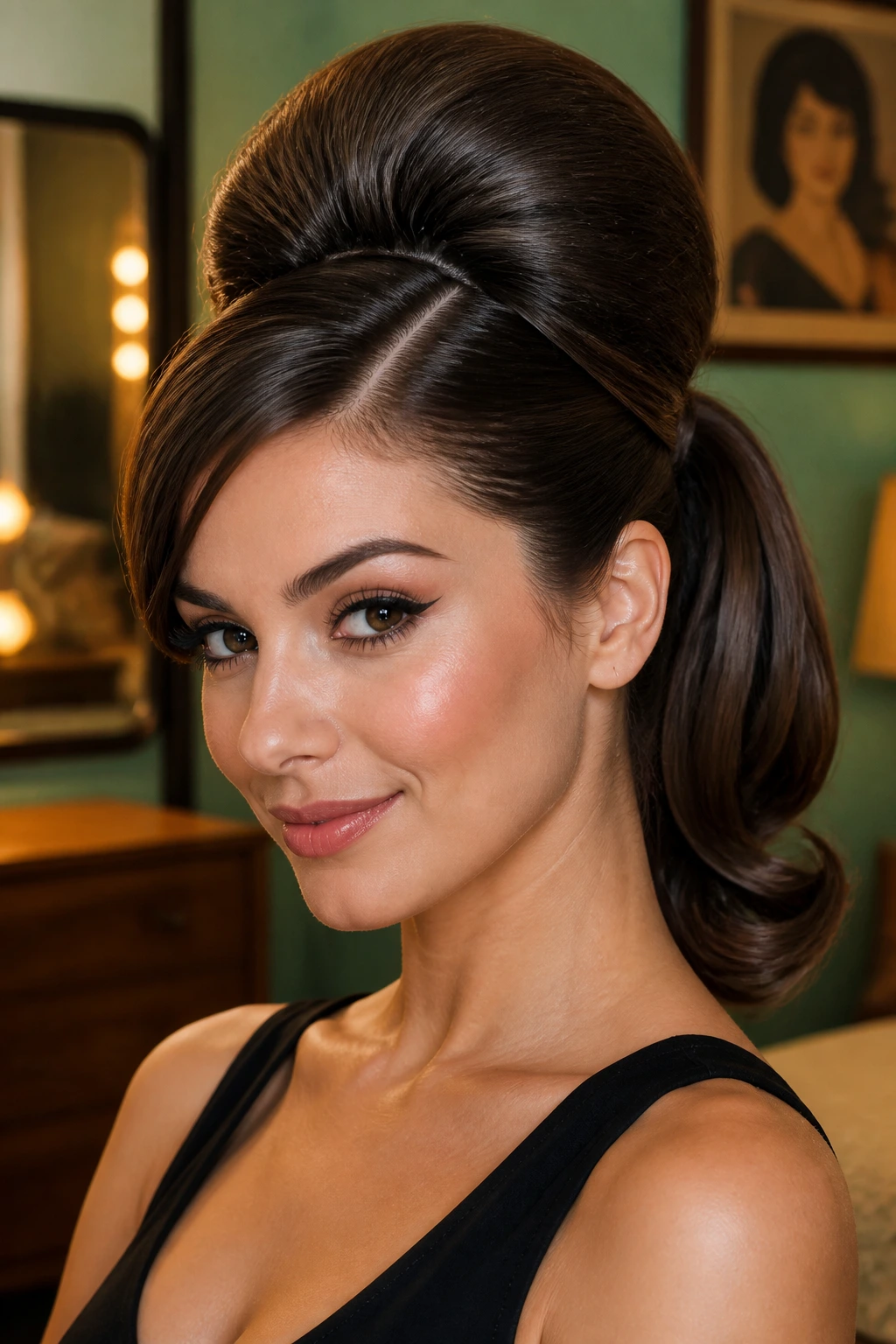 Close-up of a woman with a retro beehive ponytail against a warm vintage backdrop