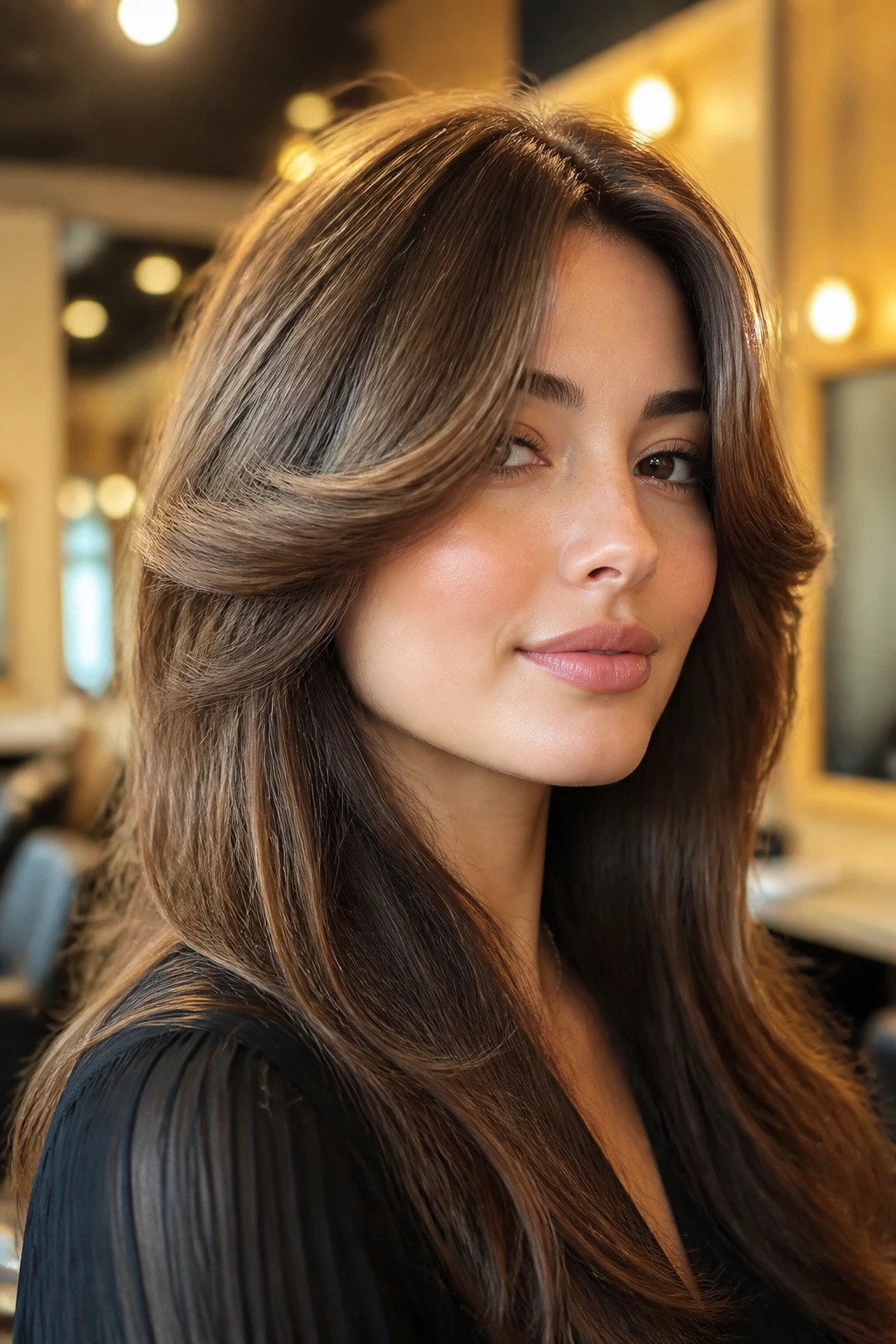 Close-up of a real woman with retro blowout bangs and a voluminous curved shape