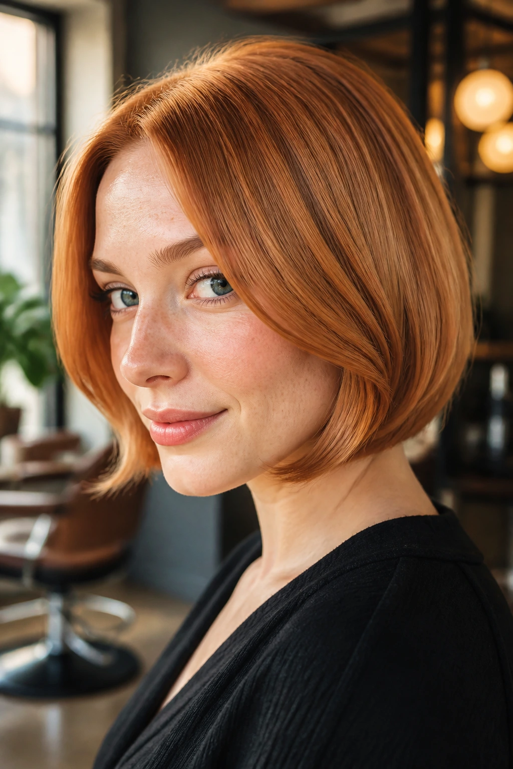 Close-up portrait of a real woman with a retro copper strawberry bob in a salon setting