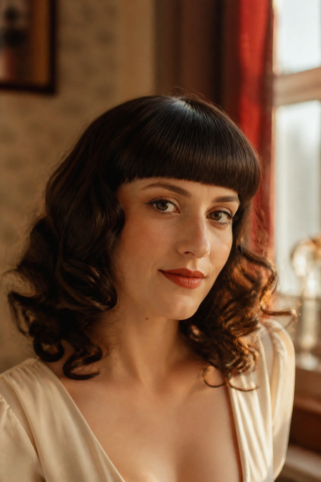 Close-up of a real woman with soft retro curls and blunt fringe in warm light