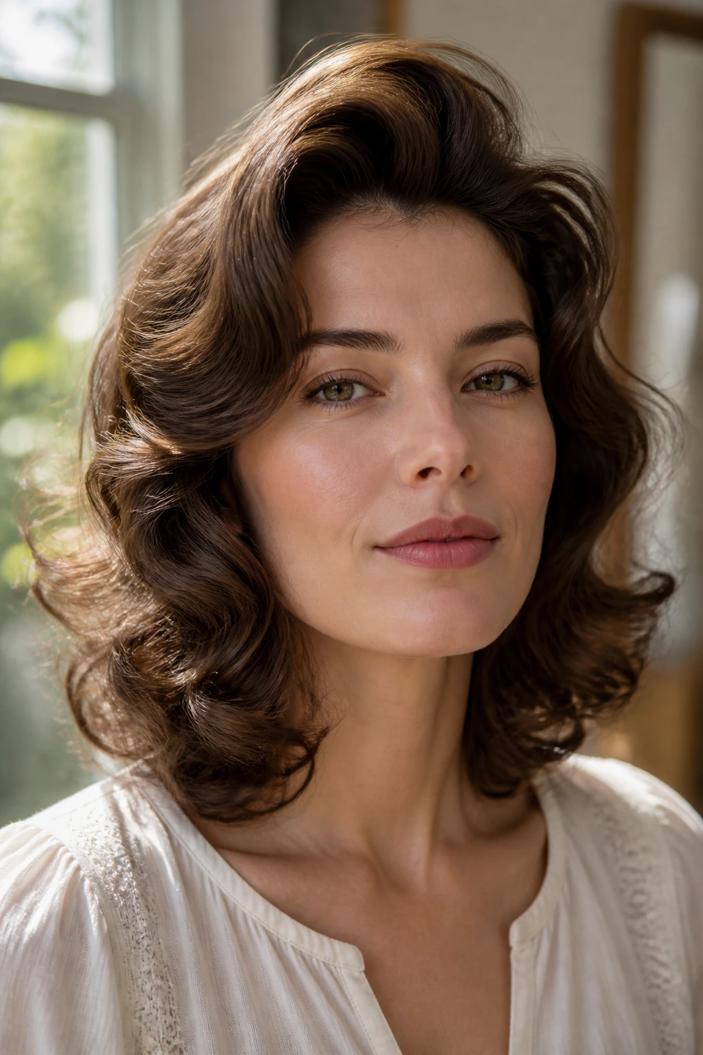 Close-up portrait of a real woman with retro curls that lift the crown and soften the jaw.