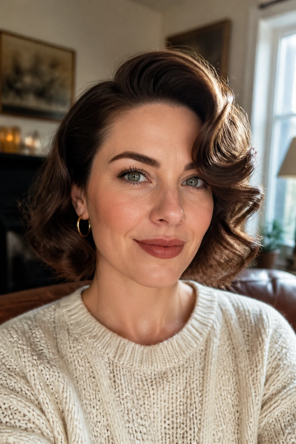 Portrait of a real woman with retro curls and a deep side part illustrating how crown lift softens a square jaw.