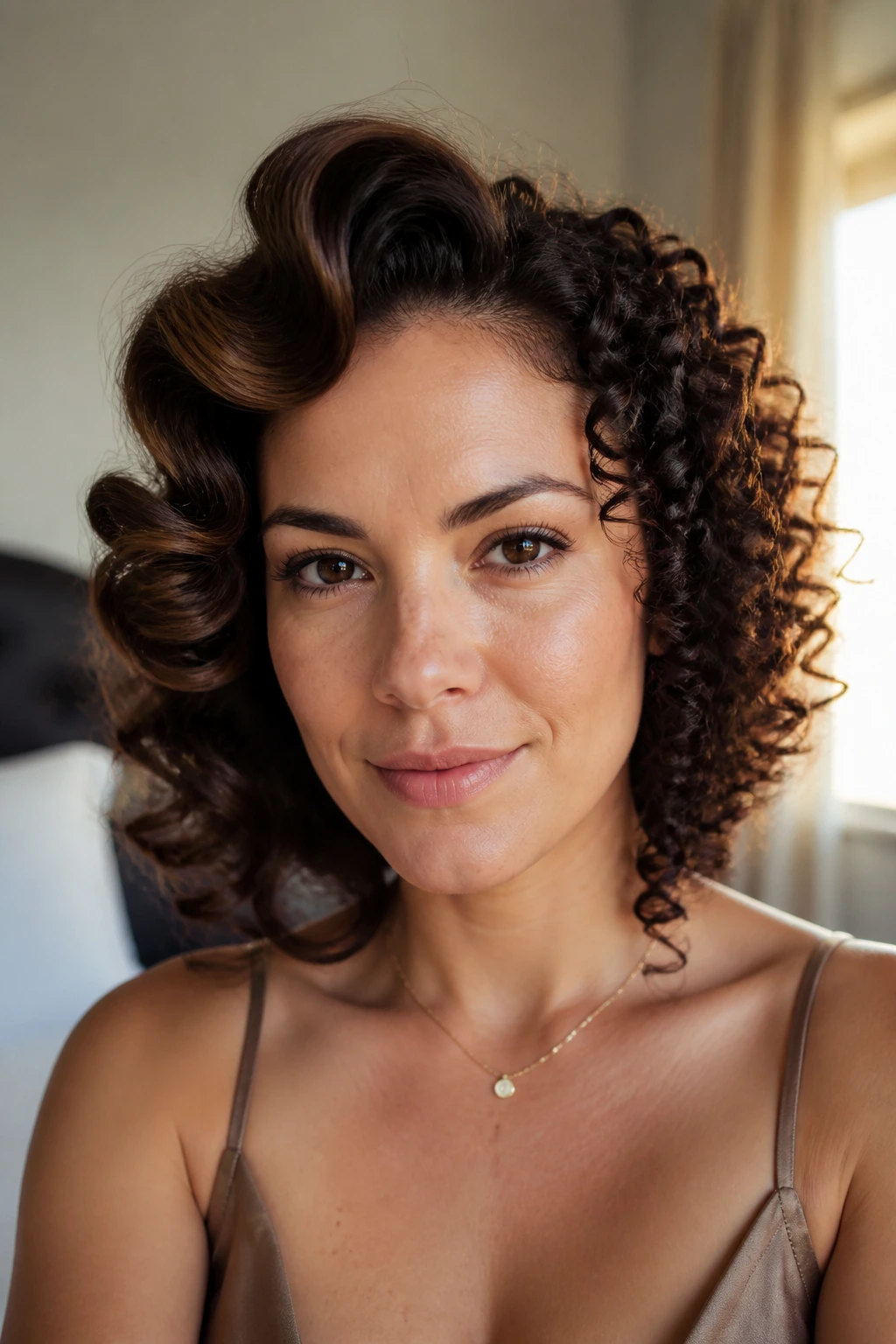 Close-up of a real woman with varied retro curls under warm bedroom light