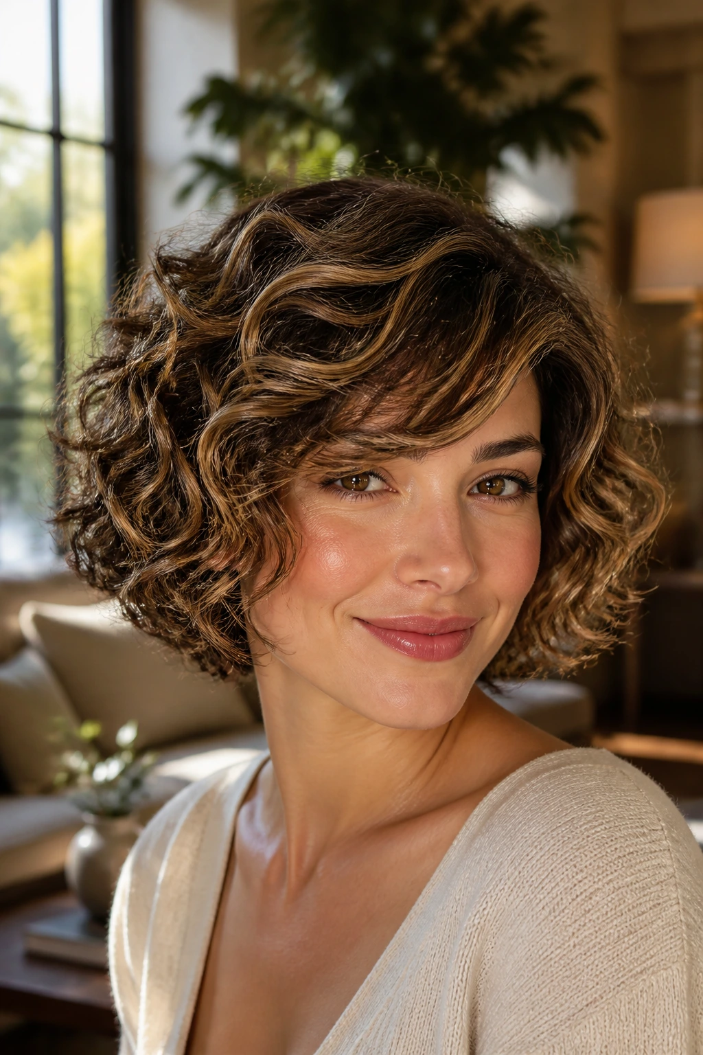 Close-up of a real woman with a retro curly bob and caramel highlights, side-swept fringe in warm window light.