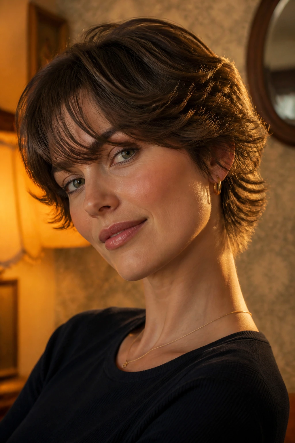 Portrait of a person with retro feather shag and tucked-in nape in warm vintage lighting