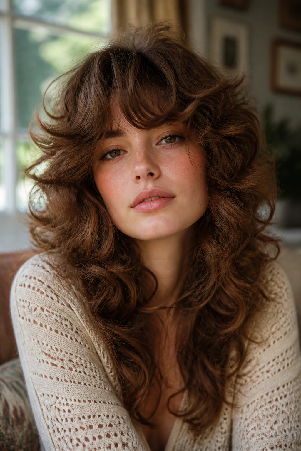 Close-up of a real woman with retro feathered shag framing her face in warm window light