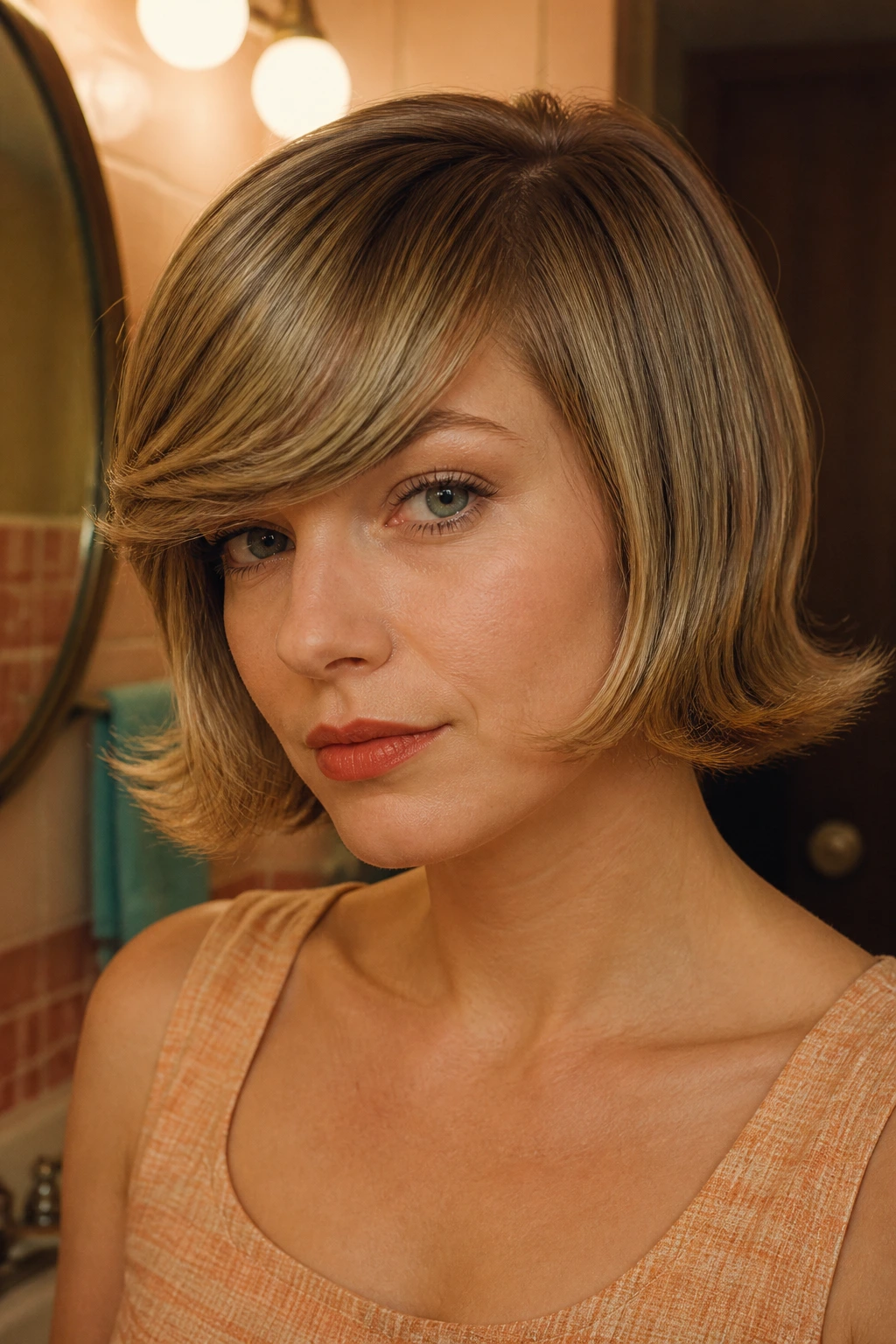 Portrait of a real woman with a retro flip bob and sculpted fringe under warm lighting