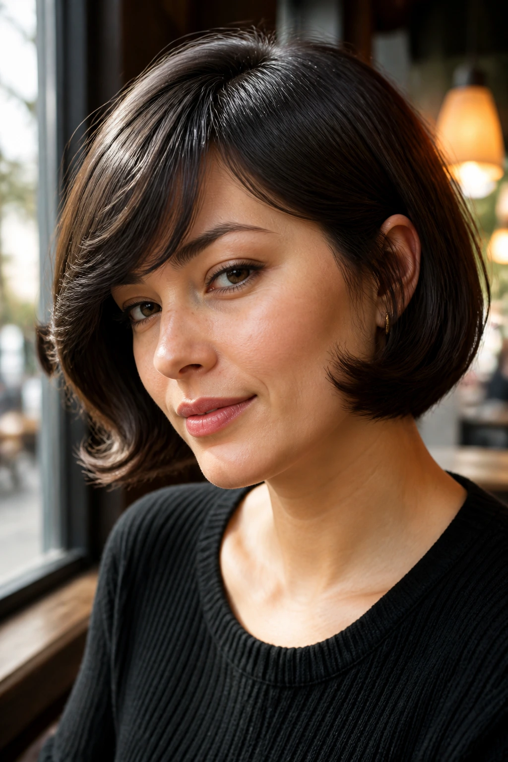 Close-up of a real woman with Retro Flip Bob and Side-Swept Bangs, glossy ends and soft lighting.