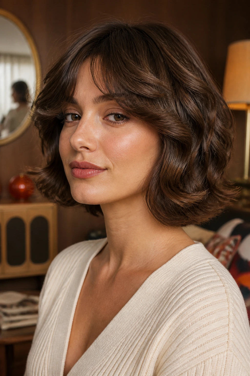 Real woman with a retro flip-end bob in a cozy retro living room.
