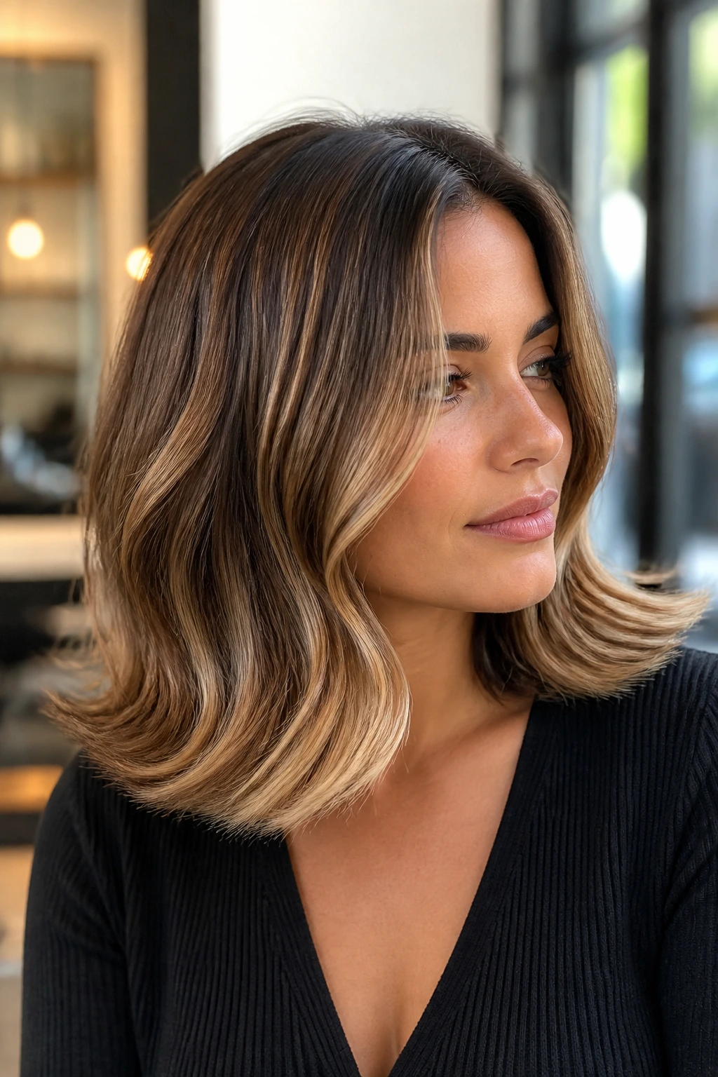 Close-up of a real woman showing retro flip-end waves with caramel highlights.