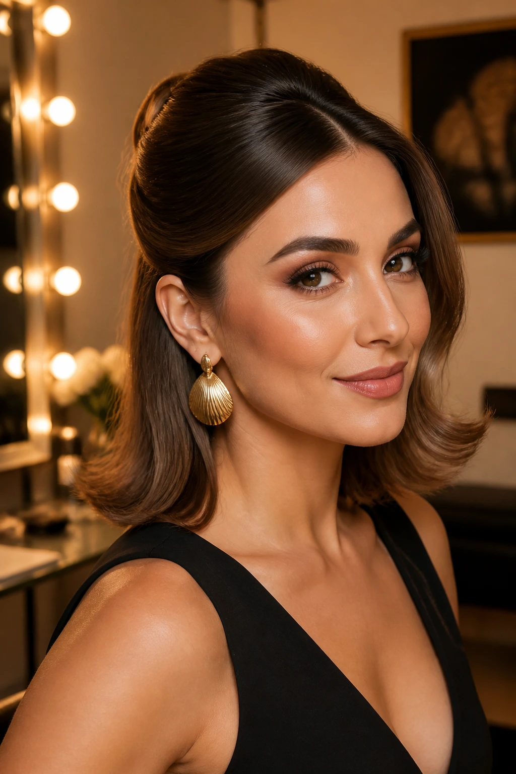 Portrait of a woman with retro flip half-up hairstyle featuring outward curled ends