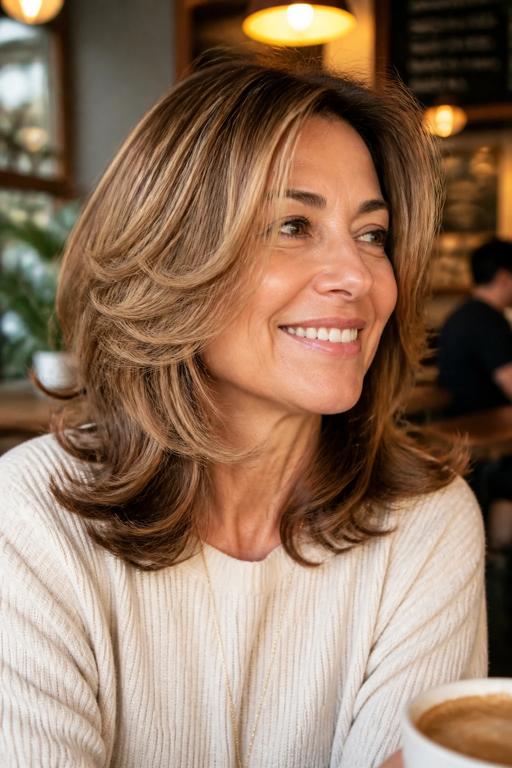 Close-up portrait of a real woman with retro flip layers and ends turned out