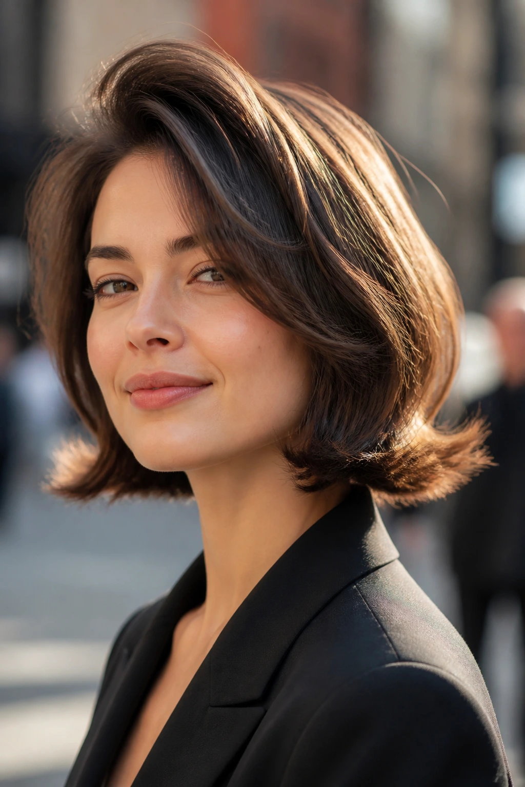 Close-up of a woman with a retro flip lob outdoors in soft light