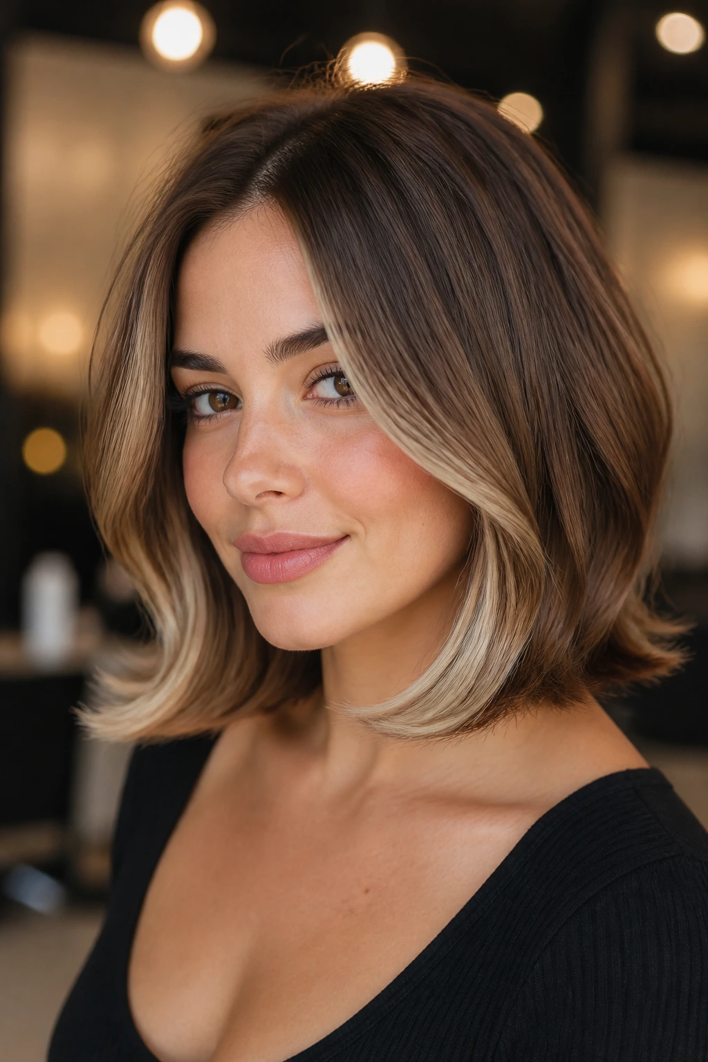 Close-up of a real woman with outward-flipped lob and bright corners