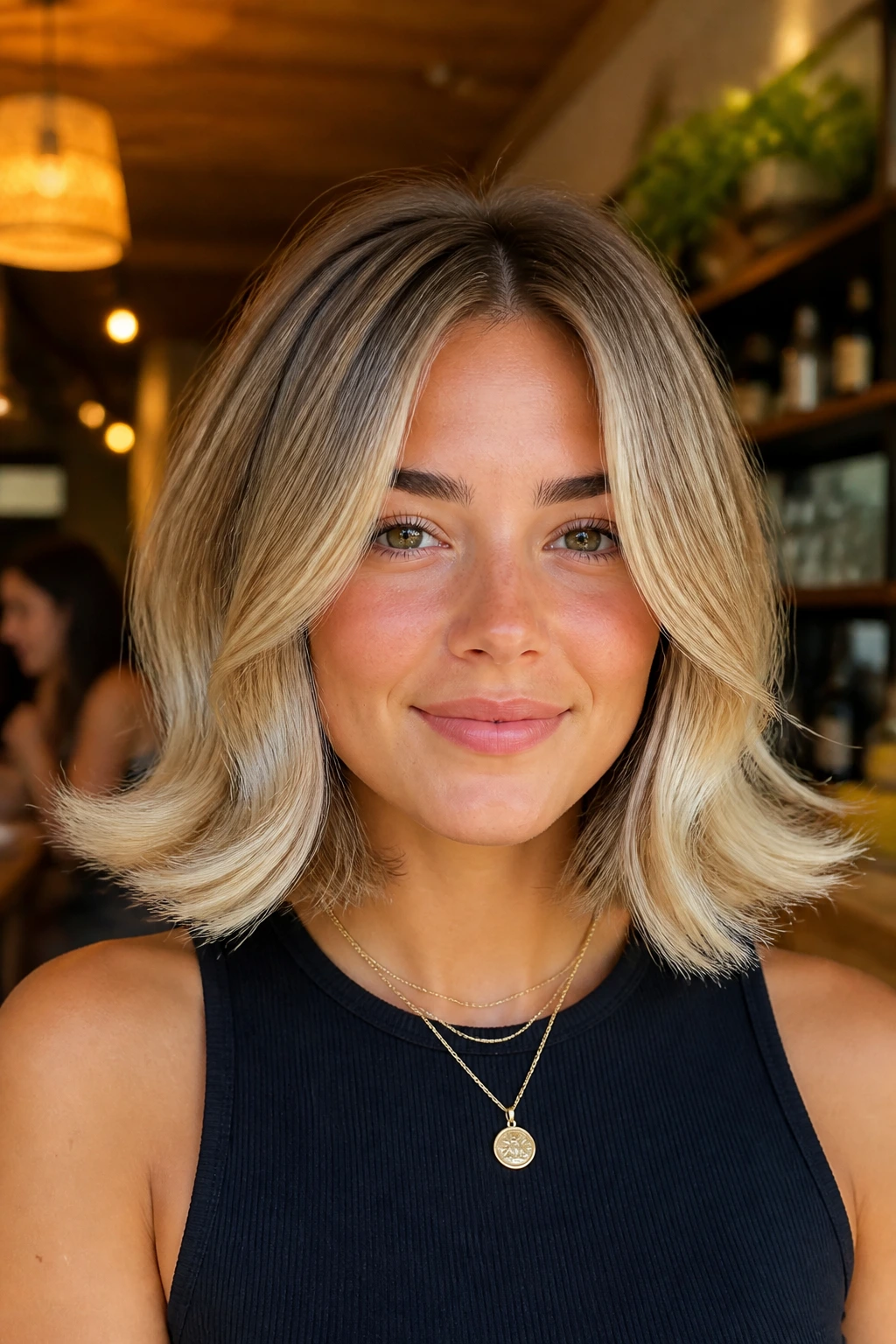 Close-up of a real woman with retro flip lob and bright ends in warm indoor light.