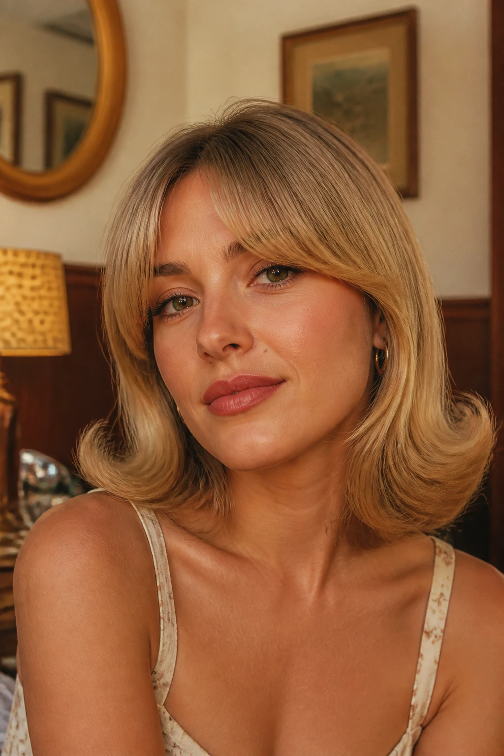 Woman with retro flip hairstyle and rounded bangs in warm interior light