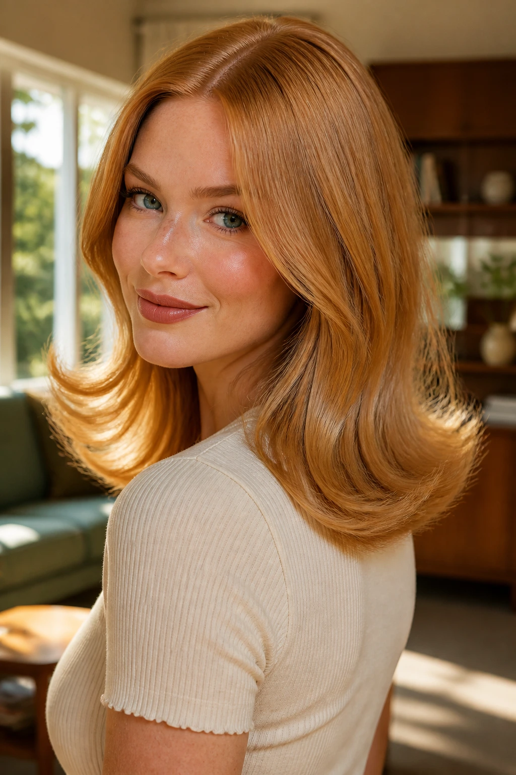 Close-up of a real woman with Retro Flip and satin ends in strawberry blonde.