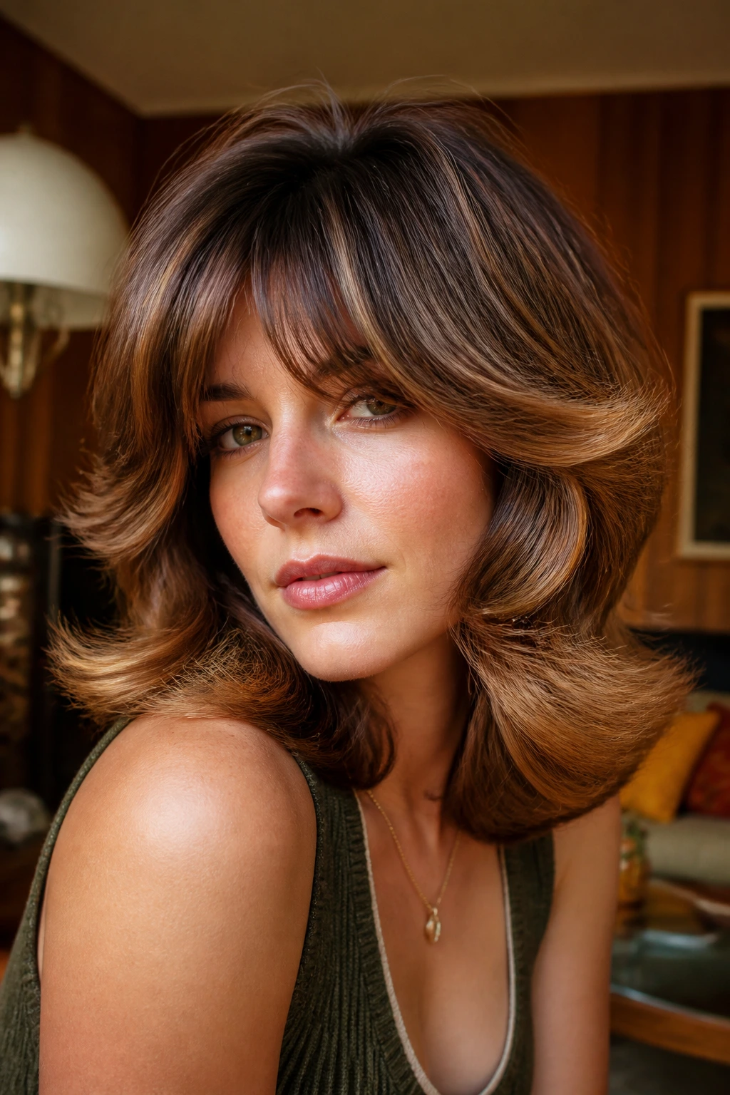 Close-up of a real woman with retro 70s flip shag and caramel highlights.