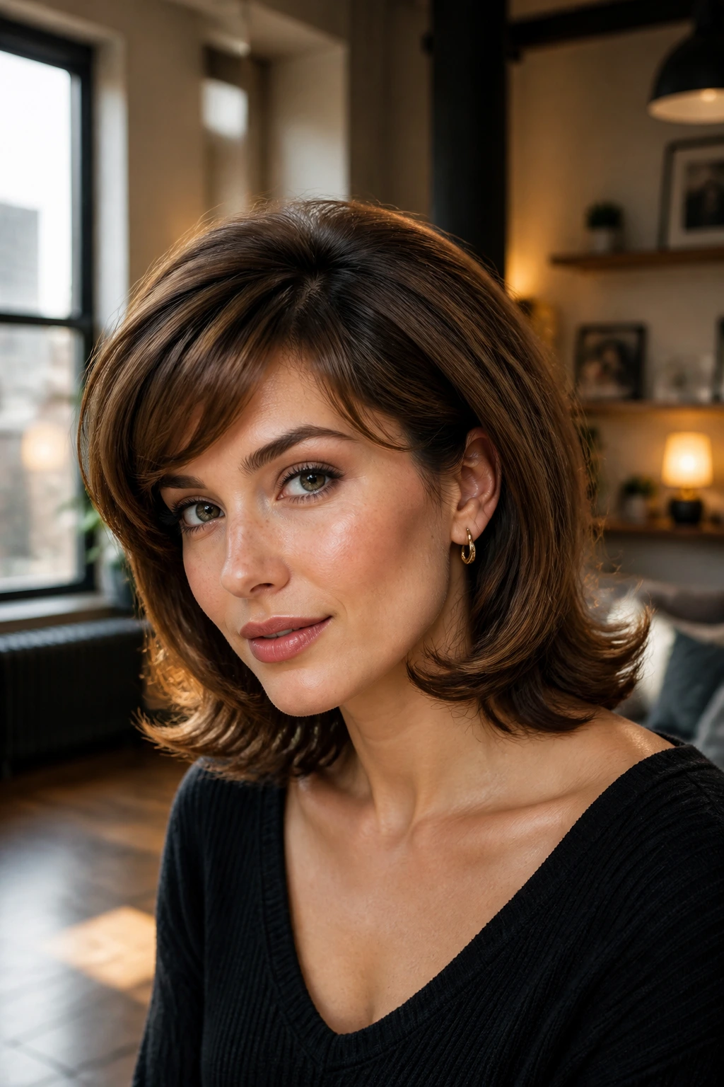 Close-up of a real woman with a retro flip and side-swept fringe