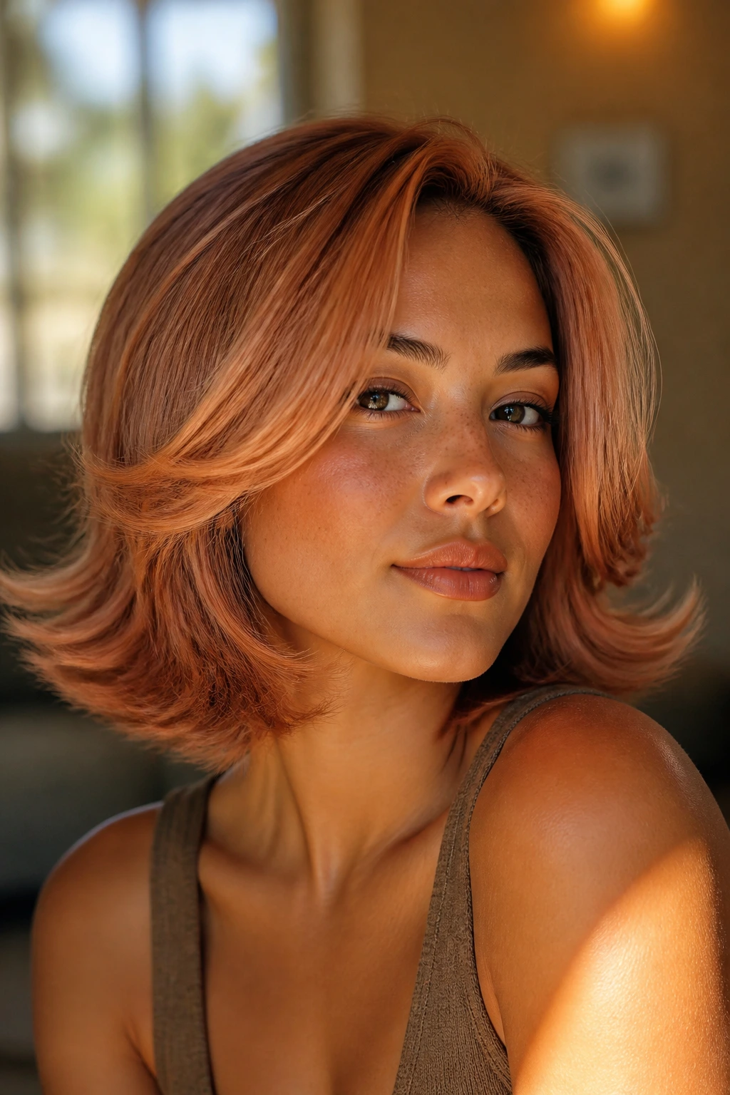Portrait of a real woman with retro flip hairstyle in strawberry-brass tones.