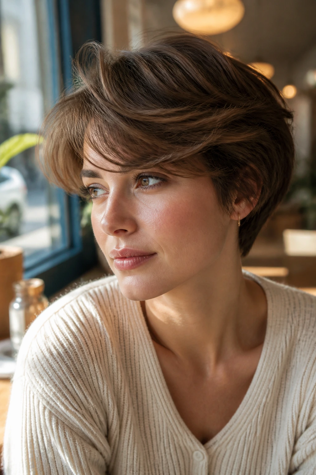Close-up of real woman with retro flip sweep fringe