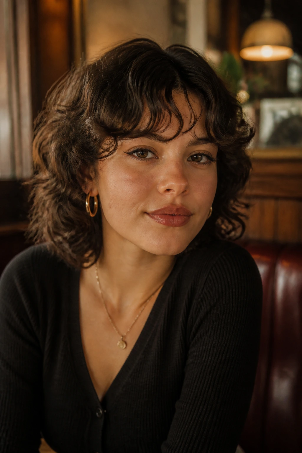 Close-up of a real person with retro flipped bangs turned outward