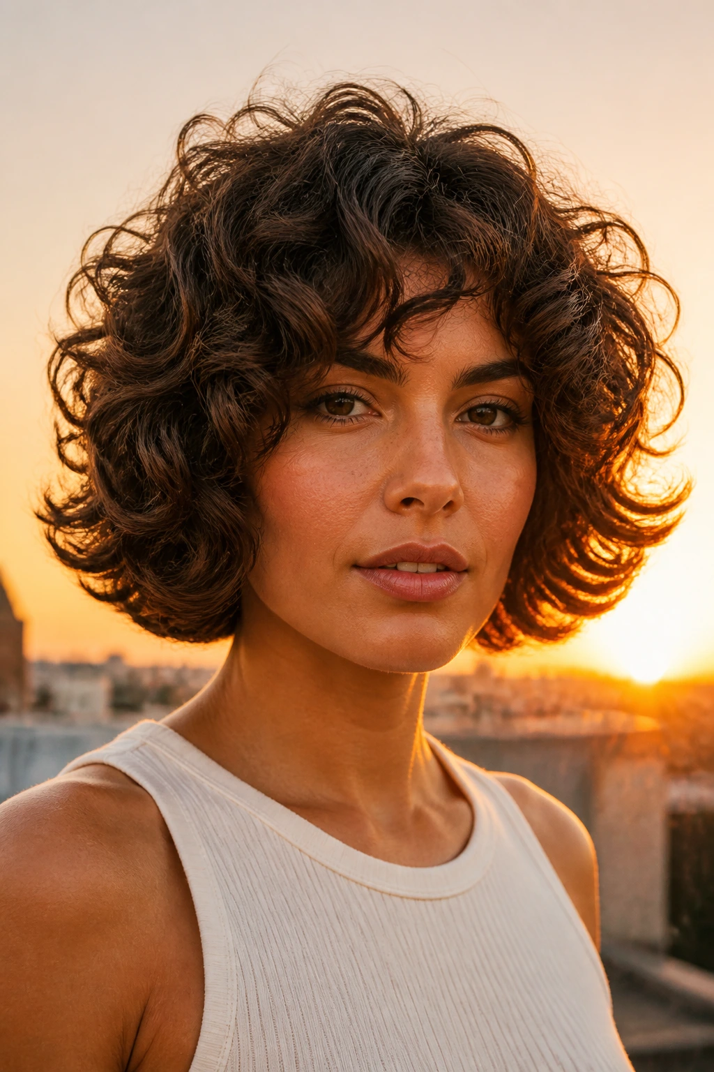 Real person with retro-flipped bob on thick curls at sunset