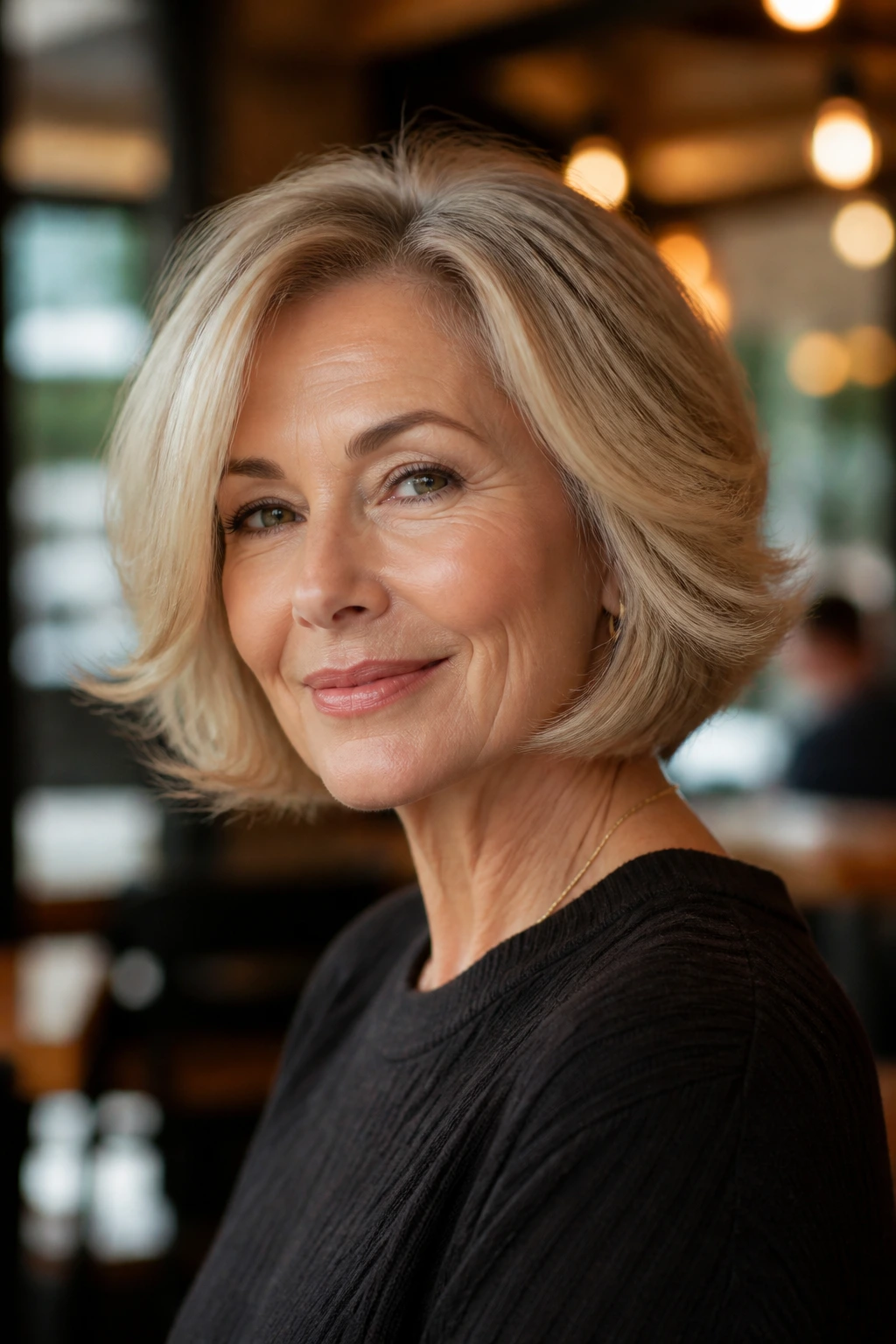 Portrait of a woman with retro flipped bob in warm cafe lighting.
