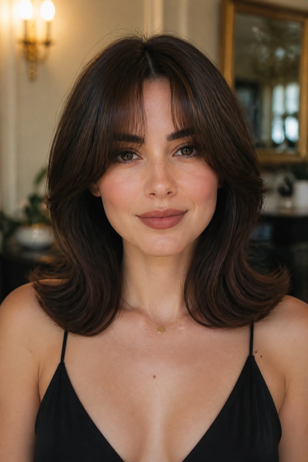 Portrait of a woman with retro flipped ends hairstyle and curtain bangs