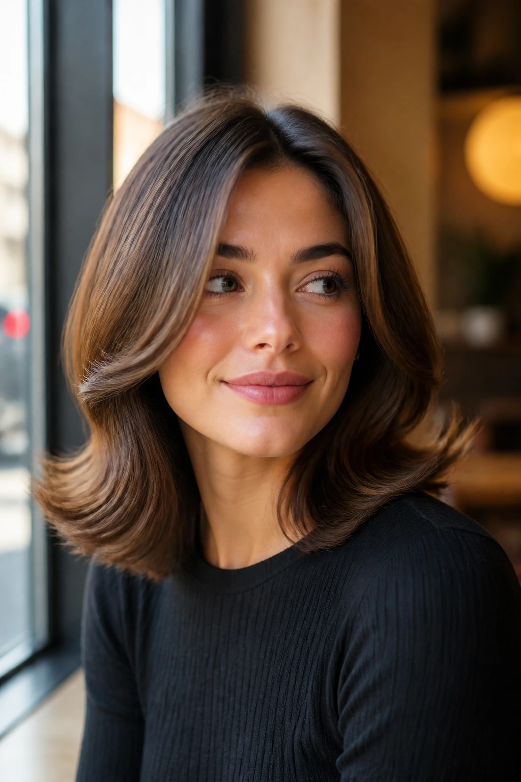 Portrait of a woman with retro flipped ends at shoulder length in natural cafe light