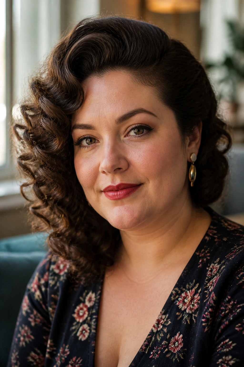 Close-up portrait of a real woman in a retro hairstyle balancing a round face with crown lift.