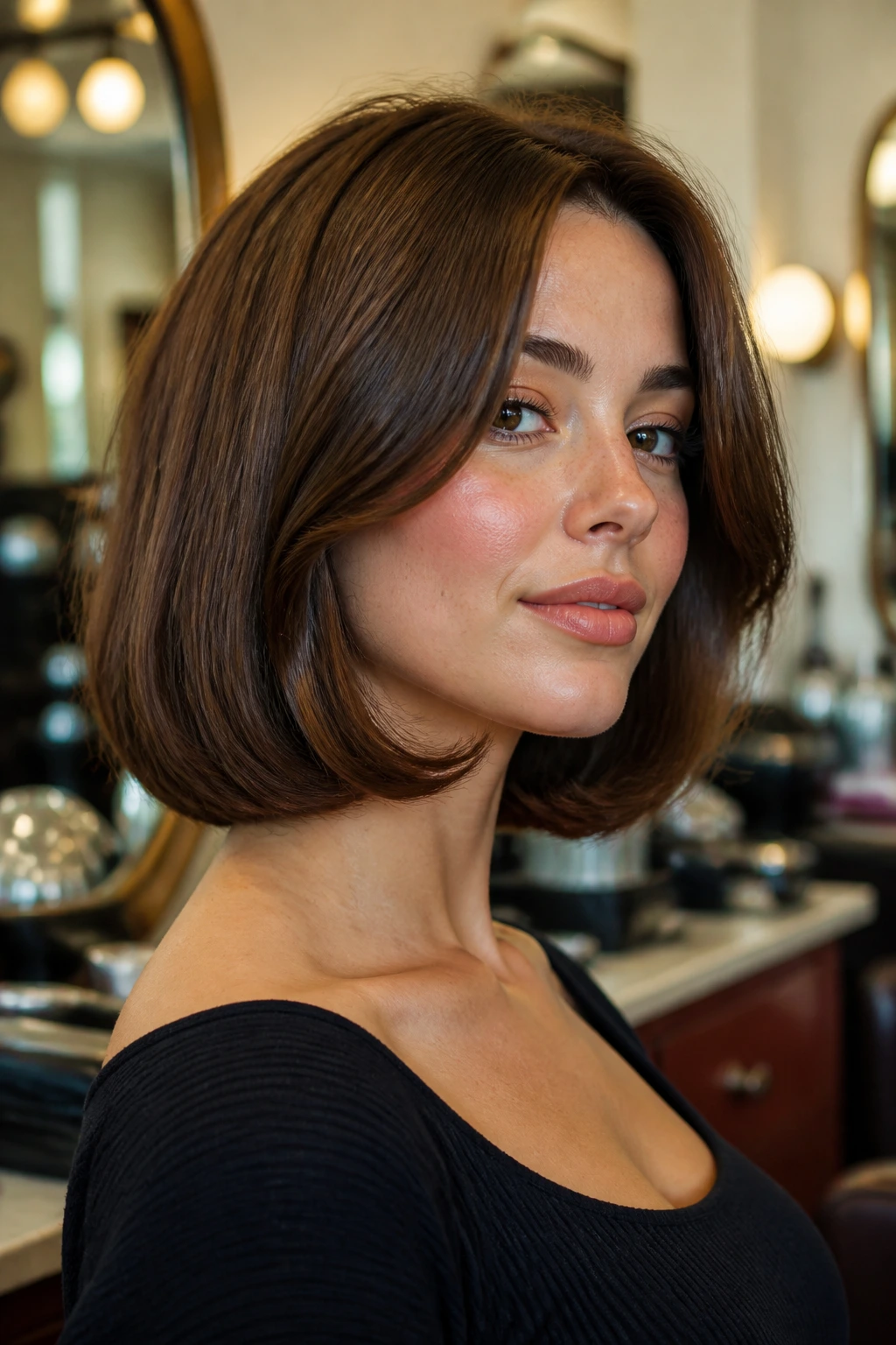 Close-up portrait of a real woman with retro lob and underturned tips