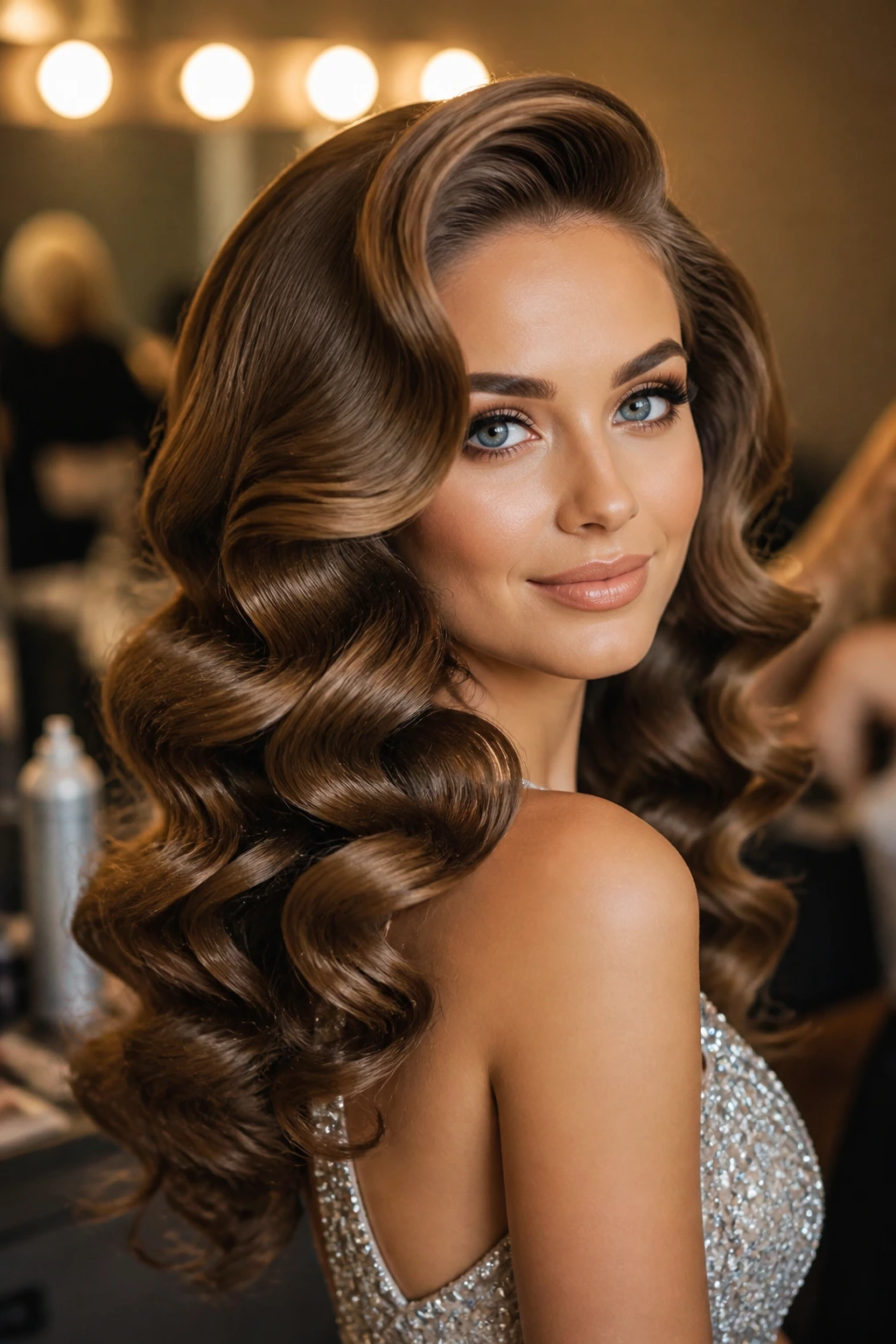 Real woman with structured retro pageant curls in backstage lighting