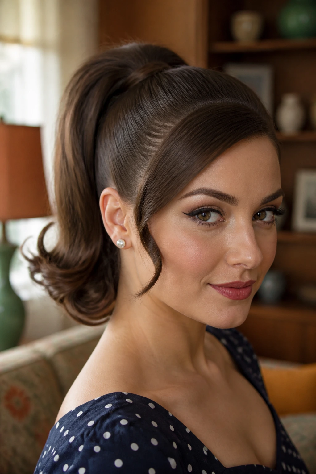 Real woman with polished retro ponytail and curved temple strand in a retro living room.