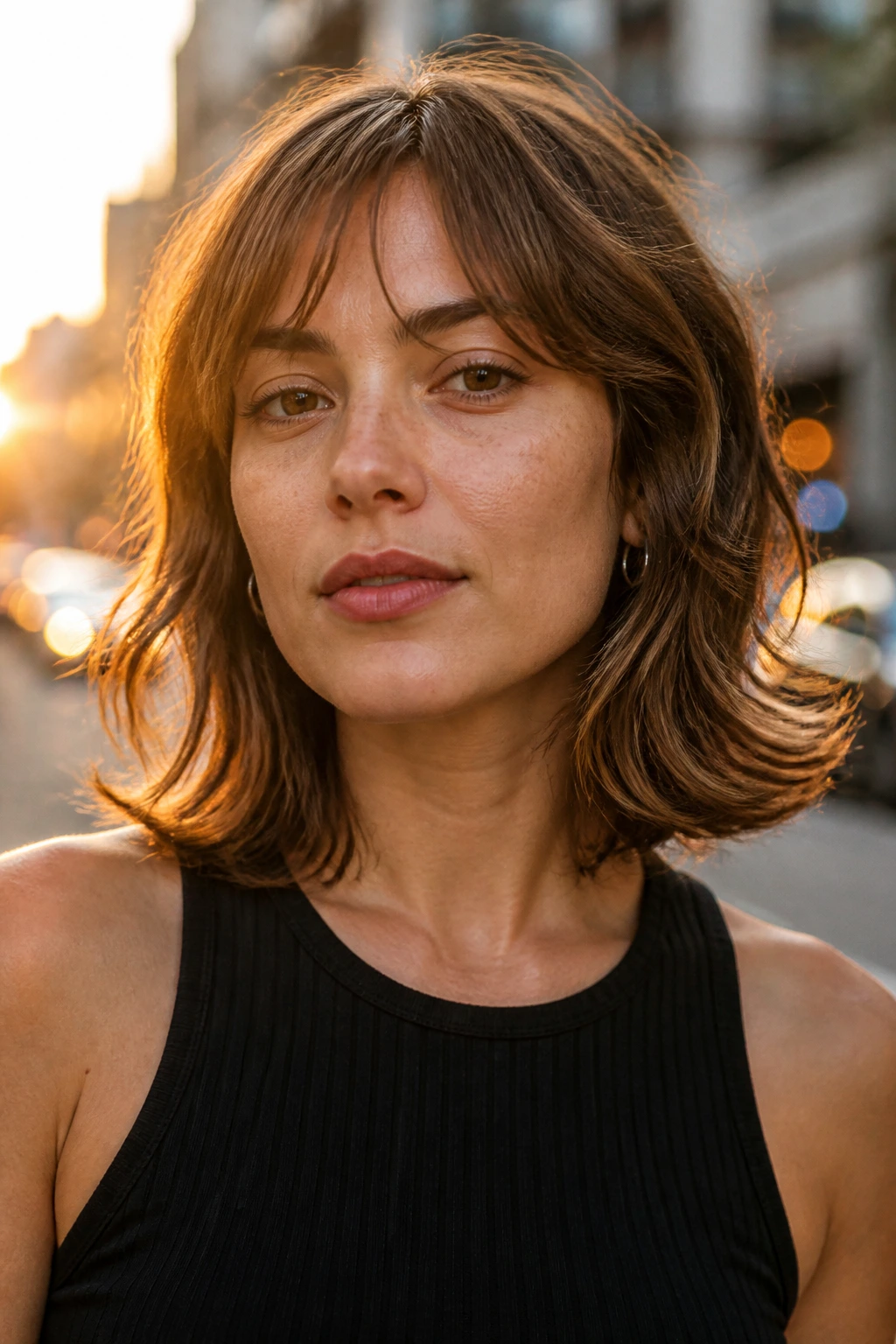 Portrait of a real woman with razor-cut ends flipping outward in an urban golden-hour setting.