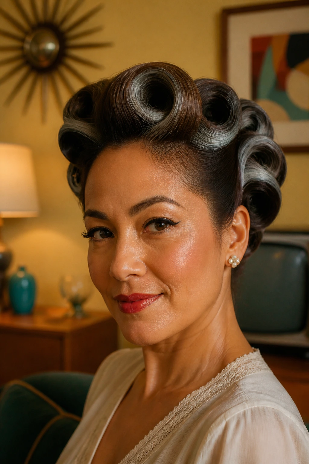 Close up of real woman with retro roll set and grey ribbons on tan skin